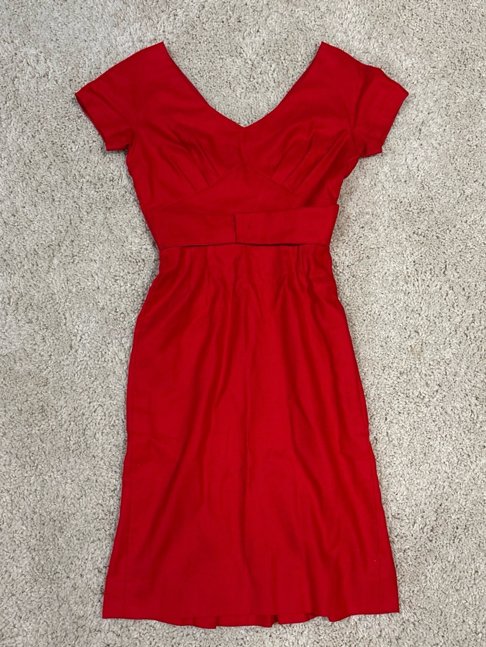 Vintage Boho 1950s Style Red Empire Waist Pleated V-Neck Midi Dress, Read Desc.